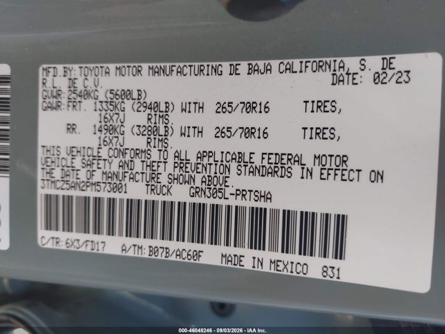 46048246 :رقم المزاد ، 3TMCZ5AN2PM573001 vin ، 2023 Toyota Tacoma Trd Off Road مزاد بيع