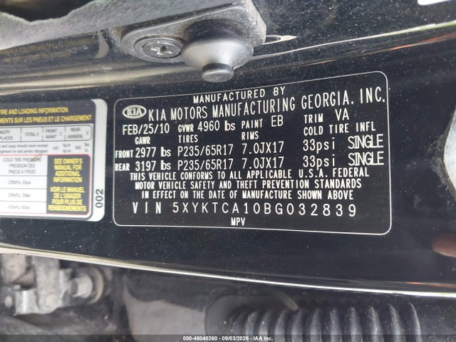 Продажа на аукционе авто 2011 Kia Sorento Lx, vin: 5XYKTCA10BG032839, номер лота: 46048260