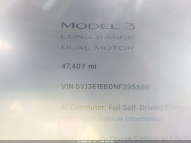 46048261 :رقم المزاد ، 5YJ3E1EB0NF295589 vin ، 2022 Tesla Model 3 Long Range Dual Motor All-wheel Drive مزاد بيع