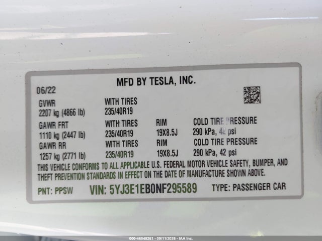 46048261 :رقم المزاد ، 5YJ3E1EB0NF295589 vin ، 2022 Tesla Model 3 Long Range Dual Motor All-wheel Drive مزاد بيع