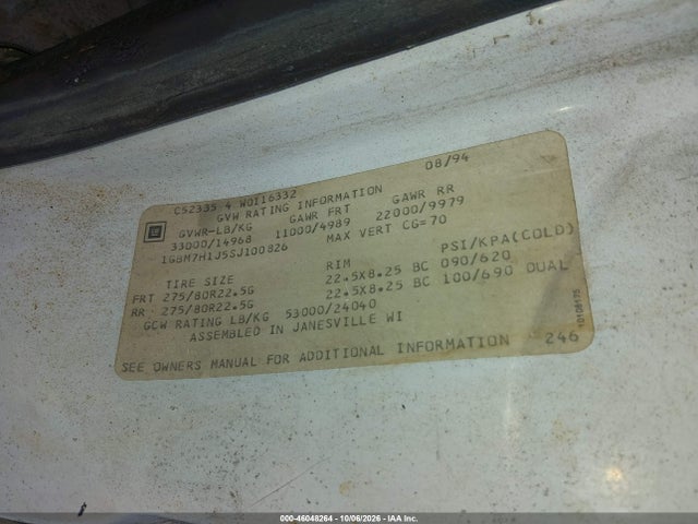 46048264 :رقم المزاد ، 1GBM7H1J5SJ100826 vin ، 1995 Chevrolet Kodiak C7h042 مزاد بيع