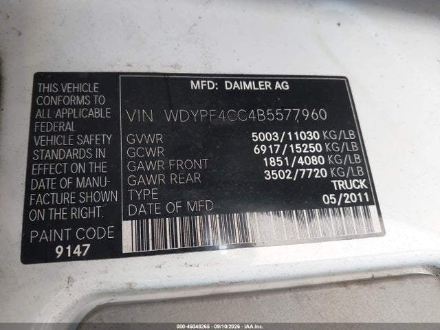46048265 :رقم المزاد ، WDYPF4CC4B5577960 vin ، 2011 Freightliner Sprinter 3500 مزاد بيع