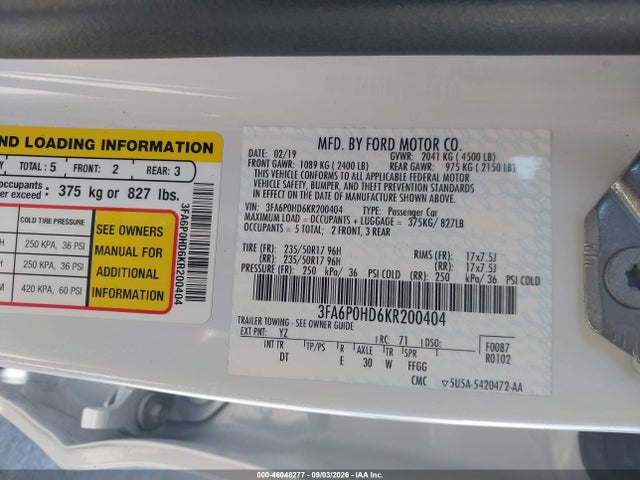 Aukcja sprzedaży 2019 Ford Fusion Se, vin: 3FA6P0HD6KR200404, numer aukcji: 46048277