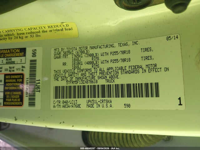 Продаж на аукціоні авто 2014 Toyota Tundra Sr 4.6l V8, vin: 5TFRM5F13EX078618, номер лоту: 46048287