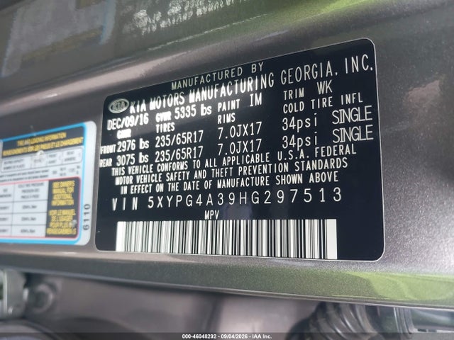 5XYPG4A39HG297513 KIA Sorento 2.4l Lx