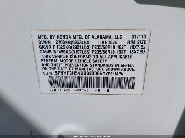 2013 Honda Pilot Ex-l მანქანა იყიდება აუქციონზე, vin: 5FNYF3H54DB020066, აუქციონის ნომერი: 46048303