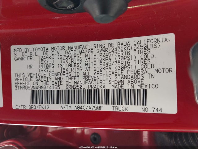 Продажа на аукционе авто 2009 Toyota Tacoma Base V6, vin: 3TMMU52N49M014165, номер лота: 46048305