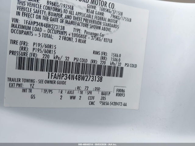 Продажа на аукционе авто 2008 Ford Focus S, vin: 1FAHP34N48W273138, номер лота: 46048314