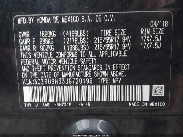 Продаж на аукціоні авто 2018 Honda Hr-v Lx, vin: 3CZRU6H33JG720199, номер лоту: 46048319