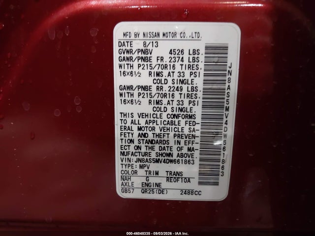 46048335 :رقم المزاد ، JN8AS5MV4DW661863 vin ، 2013 Nissan Rogue S مزاد بيع