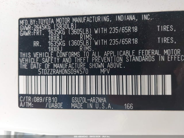 5TDZZRAH0NS094570 Toyota Highlander Le