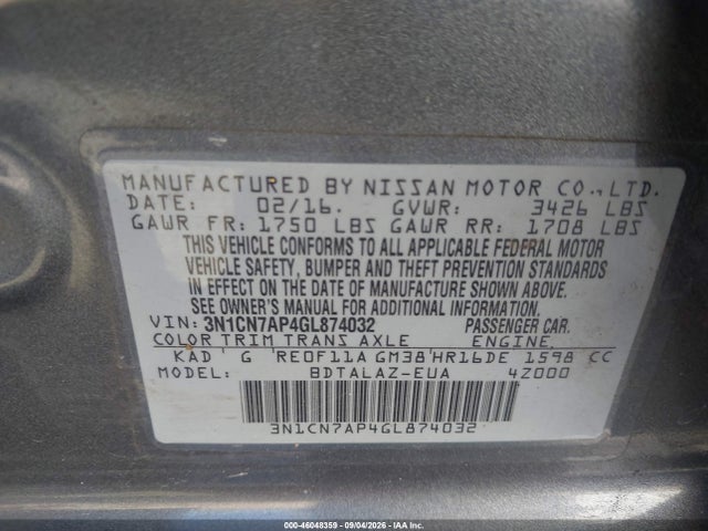 46048359 :رقم المزاد ، 3N1CN7AP4GL874032 vin ، 2016 Nissan Versa 1.6 S+ مزاد بيع