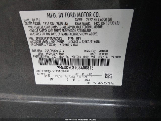 Продажа на аукционе авто 2016 Ford Flex Sel, vin: 2FMGK5C81GBA00813, номер лота: 46048384