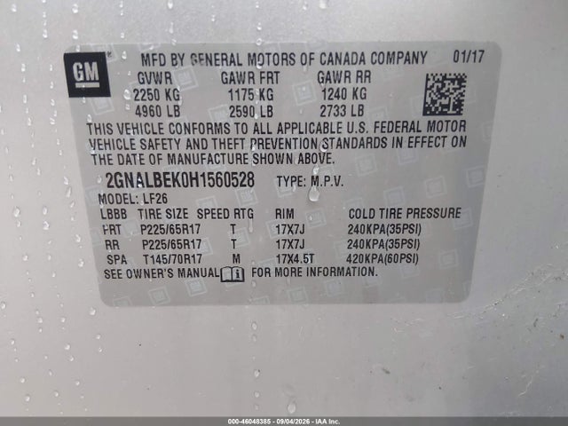 46048385 :رقم المزاد ، 2GNALBEK0H1560528 vin ، 2017 Chevrolet Equinox Ls مزاد بيع