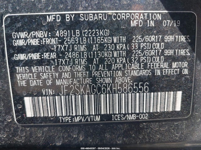 2019 Subaru Forester Premium მანქანა იყიდება აუქციონზე, vin: JF2SKAGC6KH586556, აუქციონის ნომერი: 46048397