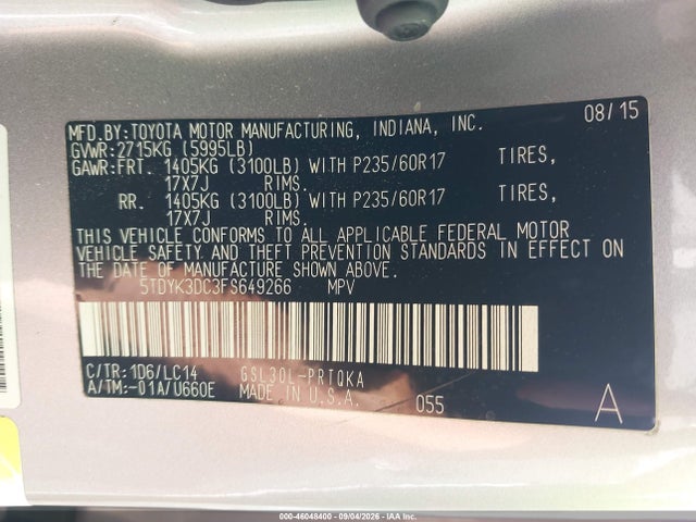 Продажа на аукционе авто 2015 Toyota Sienna Xle Premium 8 Passenger, vin: 5TDYK3DC3FS649266, номер лота: 46048400