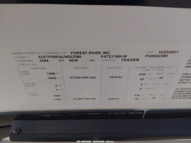 2018 Forest River 211bh მანქანა იყიდება აუქციონზე, vin: 4X4TPAW24JN022380, აუქციონის ნომერი: 46048408