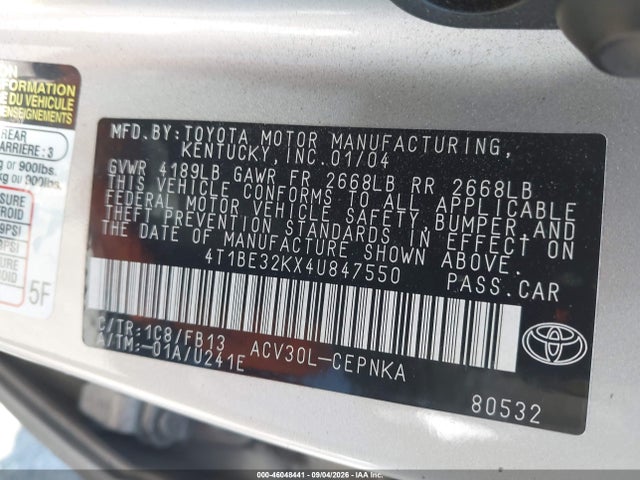46048441 :رقم المزاد ، 4T1BE32KX4U847550 vin ، 2004 Toyota Camry Le مزاد بيع