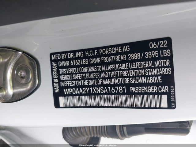 46048447 :رقم المزاد ، WP0AA2Y1XNSA16781 vin ، 2022 Porsche Taycan مزاد بيع