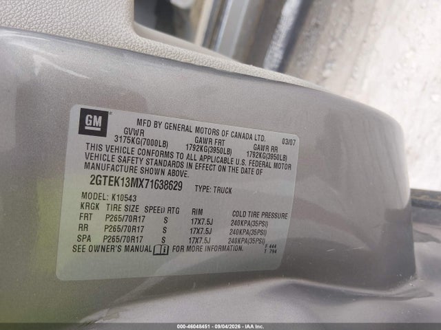 Aukcja sprzedaży 2007 Gmc Sierra 1500 Sle2, vin: 2GTEK13MX71638629, numer aukcji: 46048451