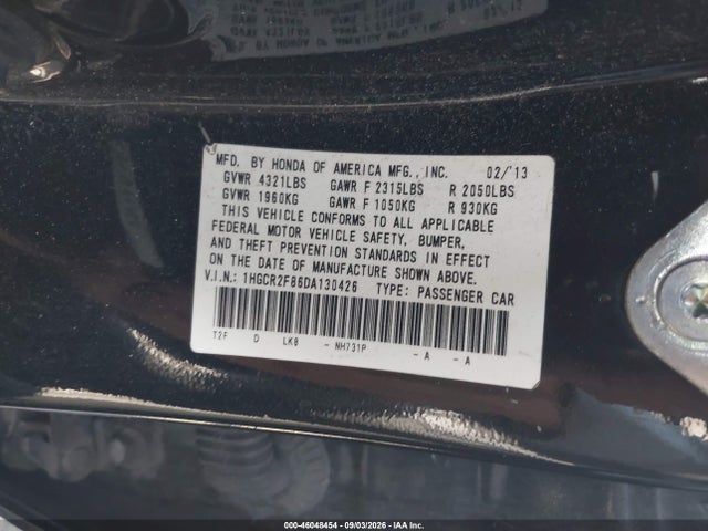 46048454 :رقم المزاد ، 1HGCR2F86DA130426 vin ، 2013 Honda Accord Ex-l مزاد بيع