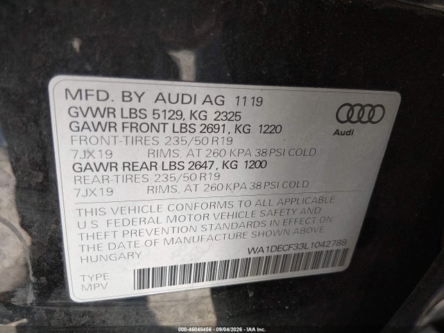 Продаж на аукціоні авто 2020 Audi Q3 Premium 45 Tfsi S Line Quattro Tiptronic, vin: WA1DECF33L1042788, номер лоту: 46048456