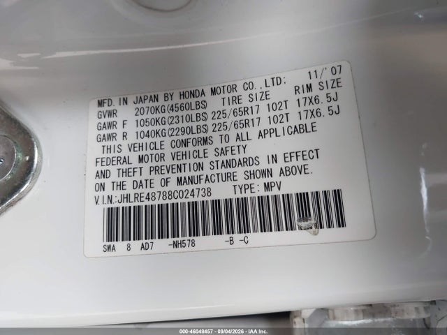 Aukcja sprzedaży 2008 Honda Cr-v Ex-l, vin: JHLRE48788C024738, numer aukcji: 46048457