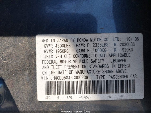Aukcja sprzedaży 2006 Acura Tsx, vin: JH4CL95846C000239, numer aukcji: 46048495