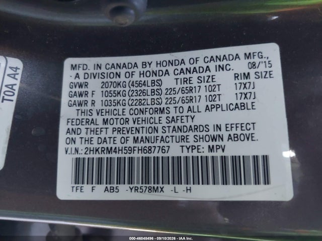 46048496 :رقم المزاد ، 2HKRM4H59FH687767 vin ، 2015 Honda Cr-v Ex مزاد بيع