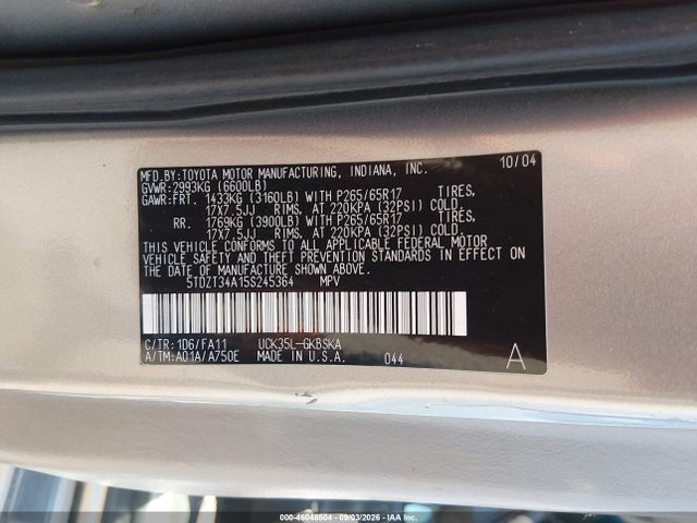 Продаж на аукціоні авто 2005 Toyota Sequoia Sr5 V8, vin: 5TDZT34A15S245364, номер лоту: 46048504