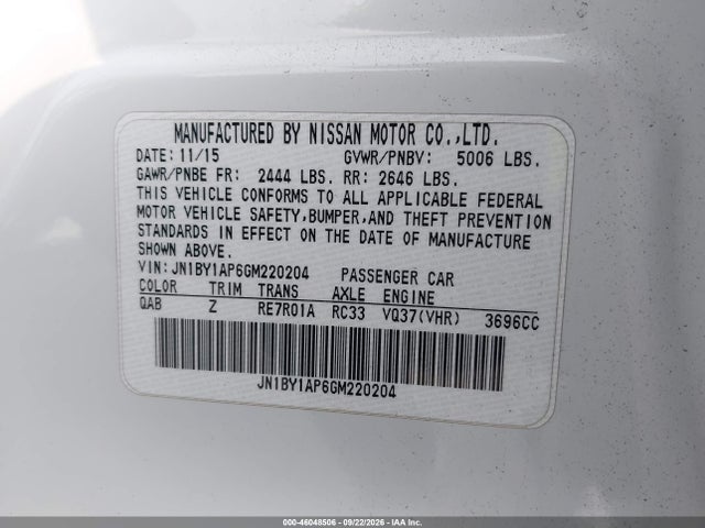 Aukcja sprzedaży 2016 Infiniti Q70 3.7, vin: JN1BY1AP6GM220204, numer aukcji: 46048506