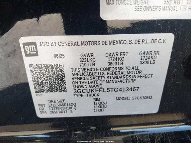 Aukcja sprzedaży 2026 Chevrolet Silverado 1500, vin: 3GCUKFEL5TG413467, numer aukcji: 46048511