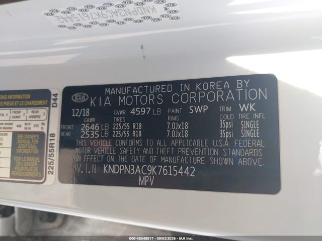 2019 Kia Sportage Ex მანქანა იყიდება აუქციონზე, vin: KNDPN3AC9K7615442, აუქციონის ნომერი: 46048517