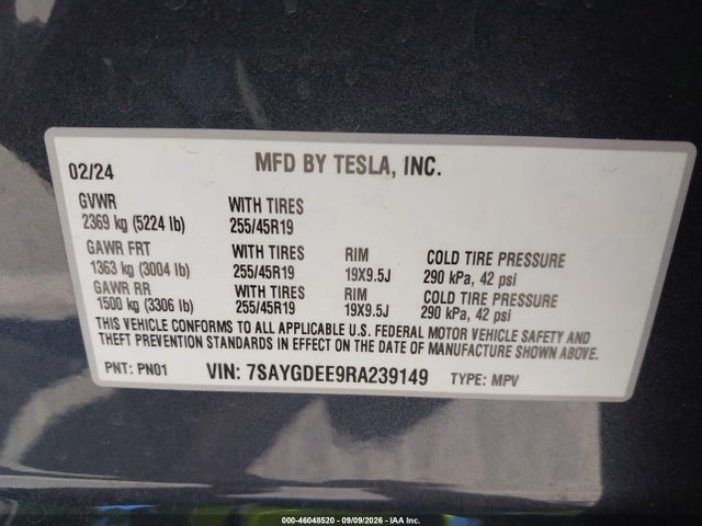 Aukcja sprzedaży 2024 Tesla Model Y Long Range Dual Motor All-wheel Drive, vin: 7SAYGDEE9RA239149, numer aukcji: 46048520