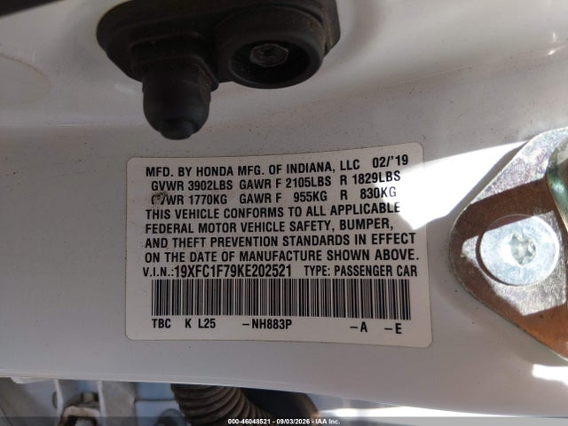 Aukcja sprzedaży 2019 Honda Civic Ex-l, vin: 19XFC1F79KE202521, numer aukcji: 46048521