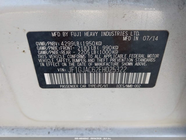 Продажа на аукционе авто 2014 Subaru Impreza 2.0i Premium, vin: JF1GJAC62EH025322, номер лота: 46048542