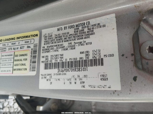 Aukcja sprzedaży 2017 Ford Fusion Se, vin: 3FA6P0H70HR383401, numer aukcji: 46048552