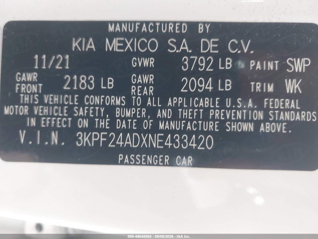 Продаж на аукціоні авто 2022 Kia Forte Lxs, vin: 3KPF24ADXNE433420, номер лоту: 46048565