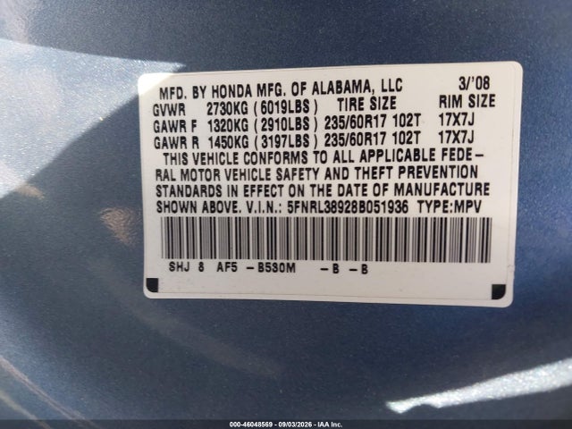 Продажа на аукционе авто 2008 Honda Odyssey Touring, vin: 5FNRL38928B051936, номер лота: 46048569
