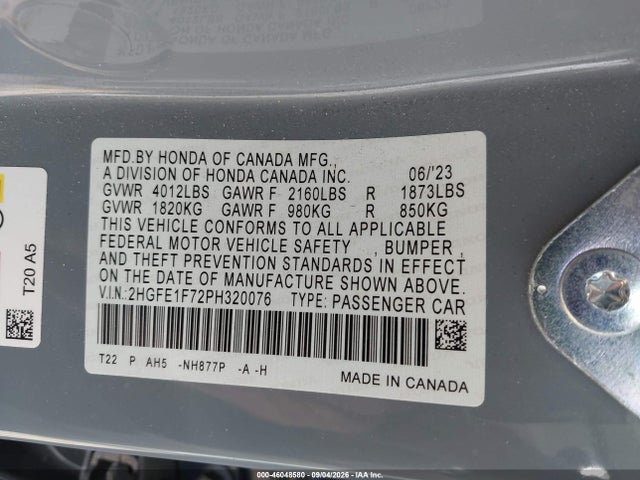 46048580 :رقم المزاد ، 2HGFE1F72PH320076 vin ، 2023 Honda Civic Ex/ex W/o Bsi مزاد بيع
