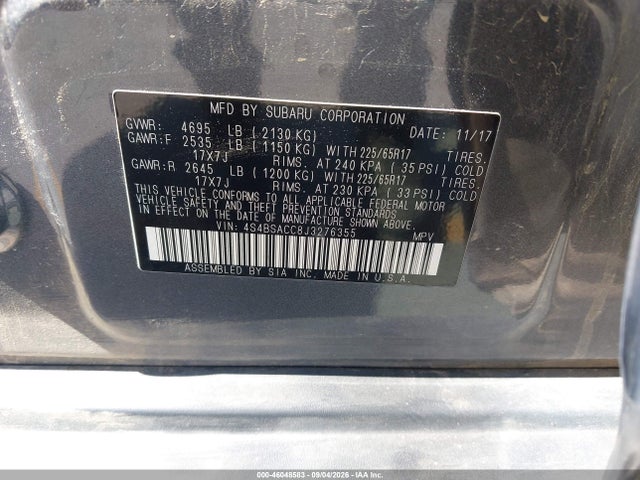 Subaru Outback 2.5i Premium 2018 4S4BSACC8J3276355 Image 9