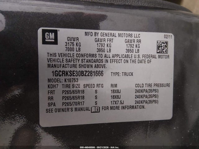 46048586 :رقم المزاد ، 1GCRKSE30BZ281666 vin ، 2011 Chevrolet Silverado 1500 Lt مزاد بيع