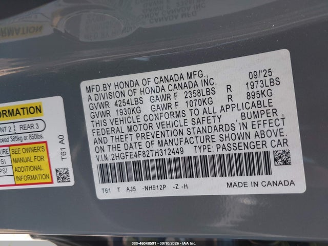 2026 Honda Civic Hybrid Sport/sport Touring მანქანა იყიდება აუქციონზე, vin: 2HGFE4F82TH312449, აუქციონის ნომერი: 46048591