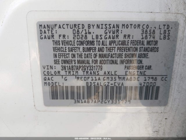 46048596 :رقم المزاد ، 3N1AB7AP2GY331779 vin ، 2016 Nissan Sentra Sl مزاد بيع