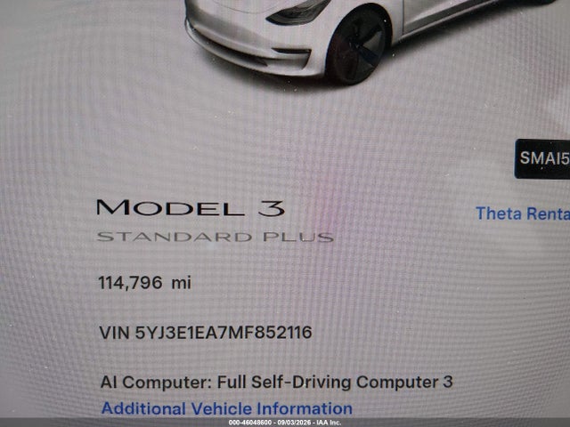 46048600 :رقم المزاد ، 5YJ3E1EA7MF852116 vin ، 2021 Tesla Model 3 Standard Range Plus Rear-wheel Drive مزاد بيع