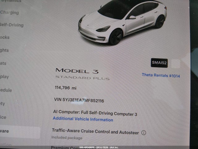 46048600 :رقم المزاد ، 5YJ3E1EA7MF852116 vin ، 2021 Tesla Model 3 Standard Range Plus Rear-wheel Drive مزاد بيع