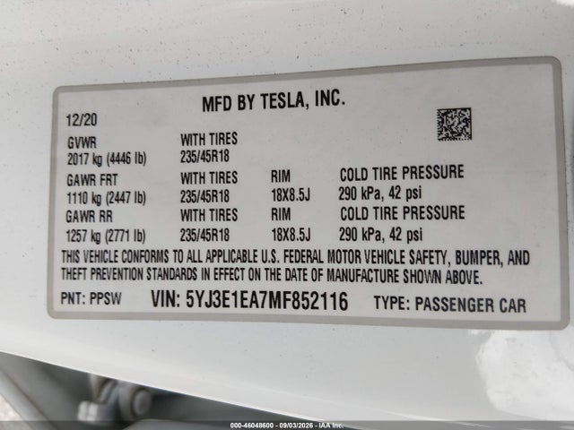 46048600 :رقم المزاد ، 5YJ3E1EA7MF852116 vin ، 2021 Tesla Model 3 Standard Range Plus Rear-wheel Drive مزاد بيع