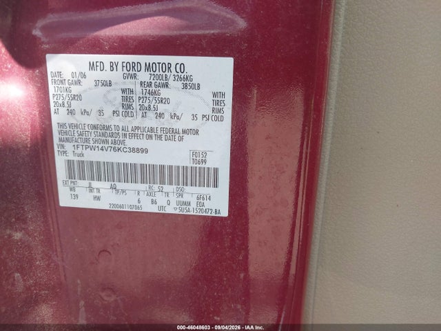 46048603 :رقم المزاد ، 1FTPW14V76KC38899 vin ، 2006 Ford F-150 Fx4/lariat/xlt مزاد بيع