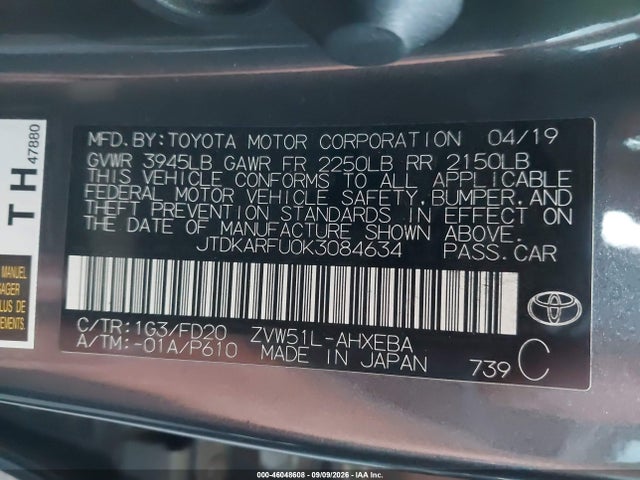 Toyota Prius Le 2019 JTDKARFU0K3084634 Image 9