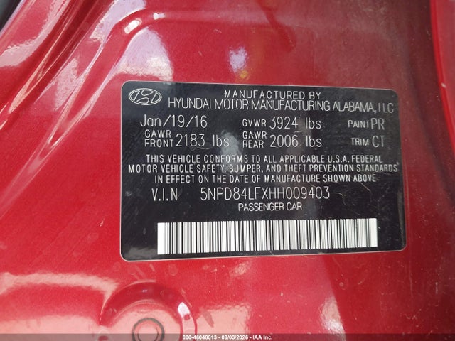 Aukcja sprzedaży 2017 Hyundai Elantra Limited, vin: 5NPD84LFXHH009403, numer aukcji: 46048613